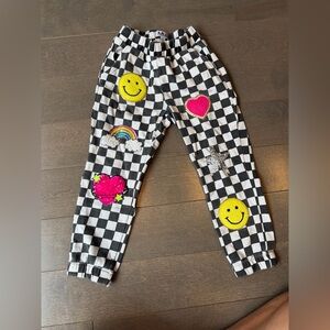 MIA Black & White Checkered Joggers with Colorful Patch Motifs